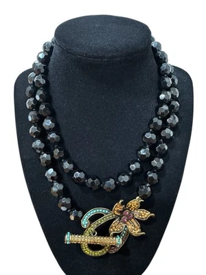 Heidi Daus Black Glass Bead Swarovski Crystal Flower Toggle 36" Necklace Pave - Image 1 of 4