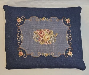Vtg Antique Wool Needlepoint Pillow French Blue Rose Floral Down Filled 17x17 - Picture 1 of 12