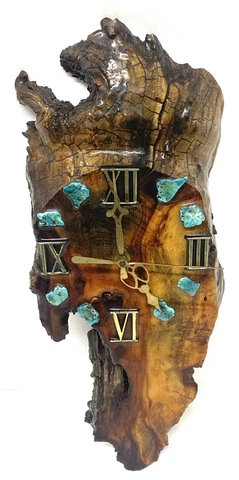 Vintage 1970's Antique Live Edge Wood Slab Turquoise Stone Handmade Wall Clock Cover