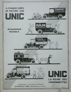 PUBLICITÉ DE PRESSE 1926 CAMIONNETTES UNIC - DUBONNET HUILOR AROMA GERVAIS - Picture 1 of 1