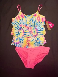 NWT JUSTICE Girls Two Piece Cupcake RUFFLES Tankini Swimsuit Sz 12/14 LG Tye Dye - Picture 1 of 3
