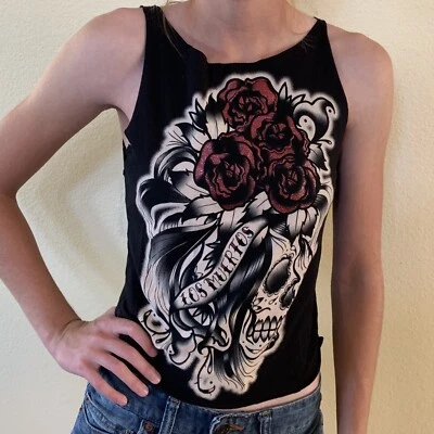 Camiseta sin mangas Day of the Dead Día de los Muertos recortada calavera rosas para mujer talla S” Foto 1 de 3