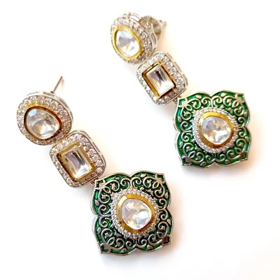 Boho Kundan Polki Drop Earring Green Gold Plated Handmade Indian Wedding Jewelry - Image 1 of 4