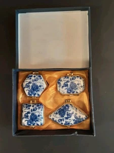 New Set Of 4 Jewelry Gift Boxes Trinket Boxes White W/Blue Roses Porcelain - Picture 1 of 15