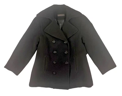 Casaco feminino de lã misturada com chave de cobre ervilha tamanho 10 preto clássico peito duplo - Imagem 1 de 4