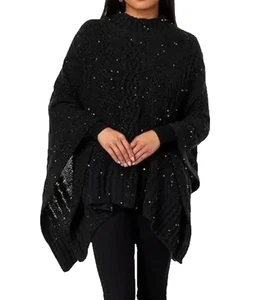 Ralph Lauren Damen hoher Zopfmuster Pullover Poncho - schwarz - Einzelhandel 158 $ - Bild 1 von 7