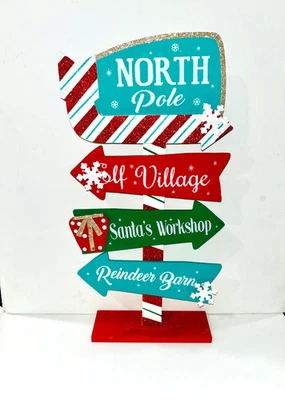Letrero direccional Polo Norte - Elf Village, Santa’s Workshop, Reindeer Barn, madera Foto 1 de 3