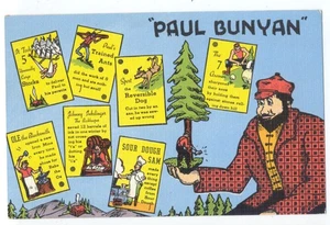 Rare PAUL BUNYAN & 7 Characters From His Story - 1940s LINEN Postcard - Picture 1 of 2