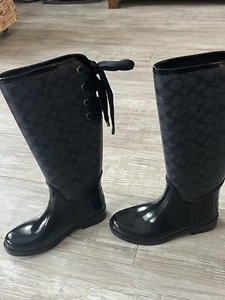 Coach Damen Tristee Schwarz Logo Schnürung Canvas Korsett Regen Stiefel 6B Eur 36 - Bild 1 von 14