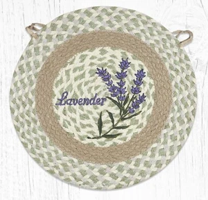 SET CUSCINI SEDIA IN IUTA STAMPATI A MANO INTRECCIATI LAVANDA con LAVATTE--15,5" ROTONDI - Foto 1 di 1