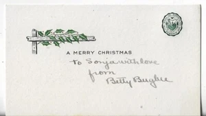 Vtg Christmas Card ART DECO 4.5x2.5 Merry Christmas - a Post w/Holly Wrapped - Picture 1 of 2