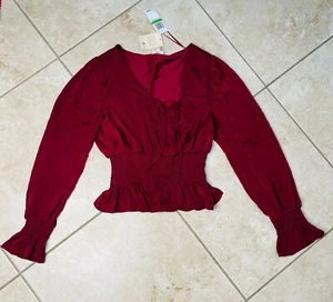 Self Esteem Juniors Lace-Up V-Neck Smocke Zinfandel L - Picture 1 of 3