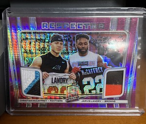 Christian McCaffrey/Jarvis Landry #/15 2020 Spectra Dual Game Worn Jersey Pink