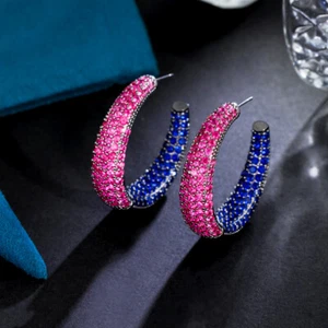 Pendientes de aro redondos grandes de circonio rojo rosa azul micro pavimento para fiesta joyería - Imagen 1 de 8