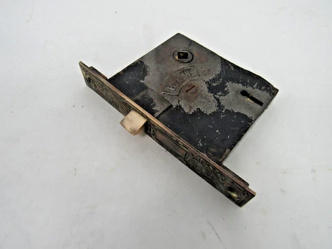 Antique Branford (BLW) Door Rim Mortise Lock  Hardware Ornate Brass Faceplate Cover