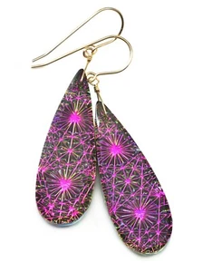 Kaleidoscope Earrings Large Teardrop Peacock Purple 14k Solid Gold Silver Drops - Picture 1 of 3