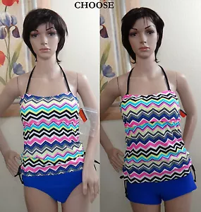 O'RAGEOUS zig zag halter tankini top & blue swim tab side pants or shorts,M,L - Picture 1 of 8