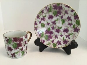 Lefton Royal Violet Chintz Demitasse Cup & Saucer Signed 10027 Gold Trim Violets - Picture 1 of 10