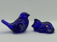 FENTON INSPIRATIONS STARLIGHT STARBRIGHT COBALT CAT AND BIRD GLASS FIGURINES