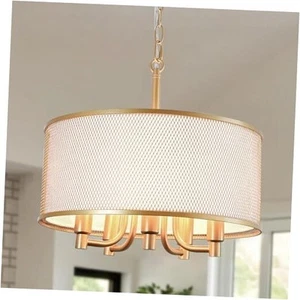 Gold Drum Chandelier Semi-Flush Mount 15 Inch Two-Tier Mesh Fabric Shade - Picture 1 of 7
