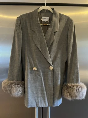 LILY & TAYLOR 8 Gray Crepe Jacket Finland Fox Trim Lined 100% Wool w/ FLAWS READ - Image 1 of 4