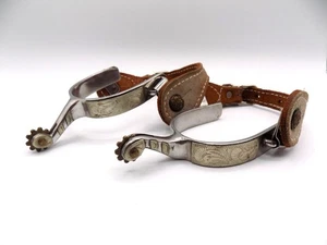 Vintage Engraved Western Style Spurs Unique Marked Korea w/ Brass Accents - Picture 1 of 15