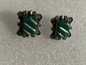 Pendientes Vintage México Plata de Ley 925 Ónix Verde Suroeste Tornillo - Imagen 1 de 5