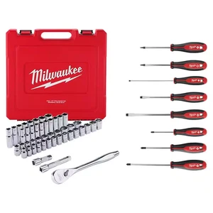 1/2 In. Drive Sae/Metric Ratchet and Socket Mechanics Tool Set with Screwdriver - Picture 1 of 12