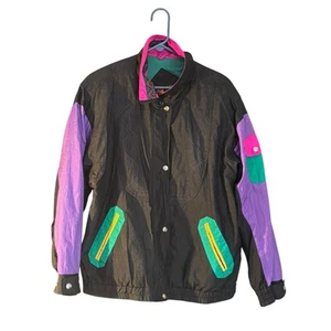 Andy John’s Vintage 90s Anorak Light Jacket Black Purple Shoulder Pads - Picture 1 of 13