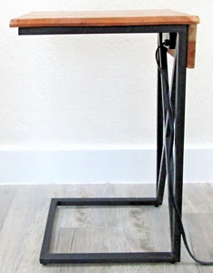 Acacia Live Edge Wood Side Table with Black Iron Frame Electrical USB Outlets - Picture 1 of 8