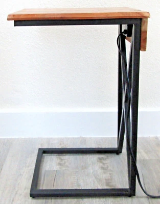 Acacia Live Edge Wood Side Table with Black Iron Frame Electrical USB Outlets   - Image 1 of 4