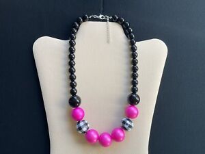 Chunky Bright Pink And Black Bead Adjustable Necklace
