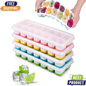 Silicone Ice Cube Tray 14-Cavity w/ Lids Stackable Flexible Easy Release - Picture 1 of 7