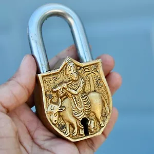 Old rare Padlock Krishna carving Antique working lock mid century modern bronze - Picture 1 of 8