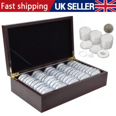 50 PCS Coin Capsules Storage Box with Wooden Case Holder Collection Display