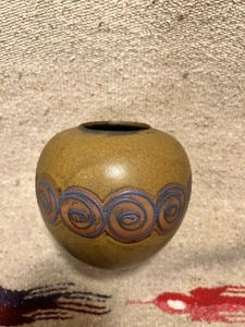 Japanese Studio Pottery Vase Red Clay Stoneware Blue Spirals 5in Sphere Globe - Picture 1 of 11