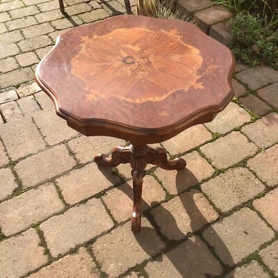 1960s Wooden Side Occasional End Table Inlaid Marquetry Pedestal Tripod - Image 1 of 4