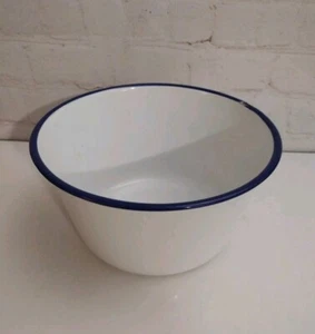 Vintage Lucky Elephant White w/ Blue Trim Enamel Ware Deep Mixing Bowl 7.5" - Picture 1 of 8