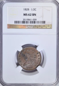 1828 CLASSIC HEAD HALF CENT ~ NICE ORIGINAL NGC MS62 BN! - Picture 1 of 4