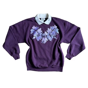 Vintage 80s/90s Purple Floral Collar Sweatshirt  - Picture 1 of 7