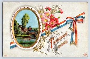 Erntedank Gruß Band Blumen geprägt verschickt antike Postkarte - Bild 1 von 2