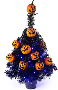 21.6” 30 LED Halloween Black Spooky Tree Glittered with Purple Lights & 12 Pumpk - Picture 1 of 11