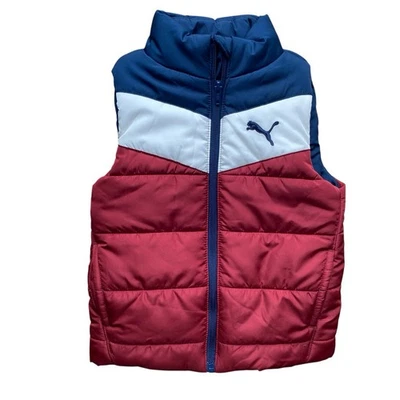 Chaleco acolchado Puma Little Kid talla 5 rojo azul aislado cremallera patrón chevron logotipo Foto 1 de 4