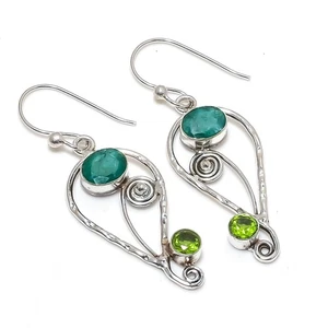Lab-Created Emerald & Peridot Gemstones Handmade 925 Silver Jewelry Earrings - Picture 1 of 5
