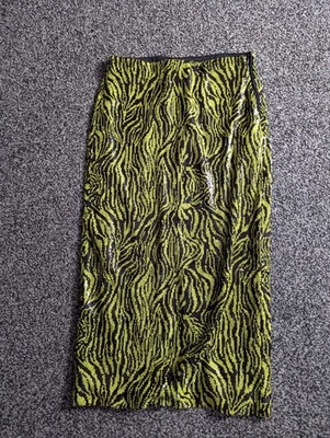 Falda Zara Lentejuelas Talla S Verde Neón Negro Estampado Cebra Midi Fiesta Foto 1 de 4