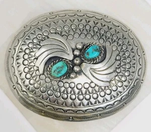 Vtg Native American Navajo Nickel Silver Turquoise Belt Buckle Signed MARY JOE - Picture 1 of 4