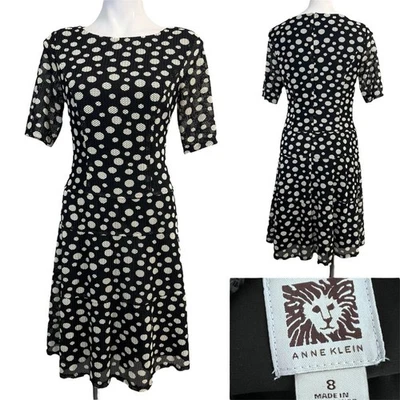 Vestido Anne Klein Talla 8 negro/beige lunares manga corta línea A hasta la rodilla Foto 1 de 4