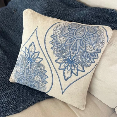 Pottery Barn Embroidered Paisley Medallion 24" Throw Pillow Cover Blue Floral PB - Image 1 of 4