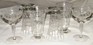 Antique Vintage Set (6) ETCHED~RIBBED~OPTIC GLASS GOBLETS/GLASSES Floral Pattern - Picture 1 of 10