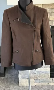 AKRIS Women’s Brown Knit Wool Felted Zip Moto Jacket Blazer Sz 6 - Picture 1 of 4